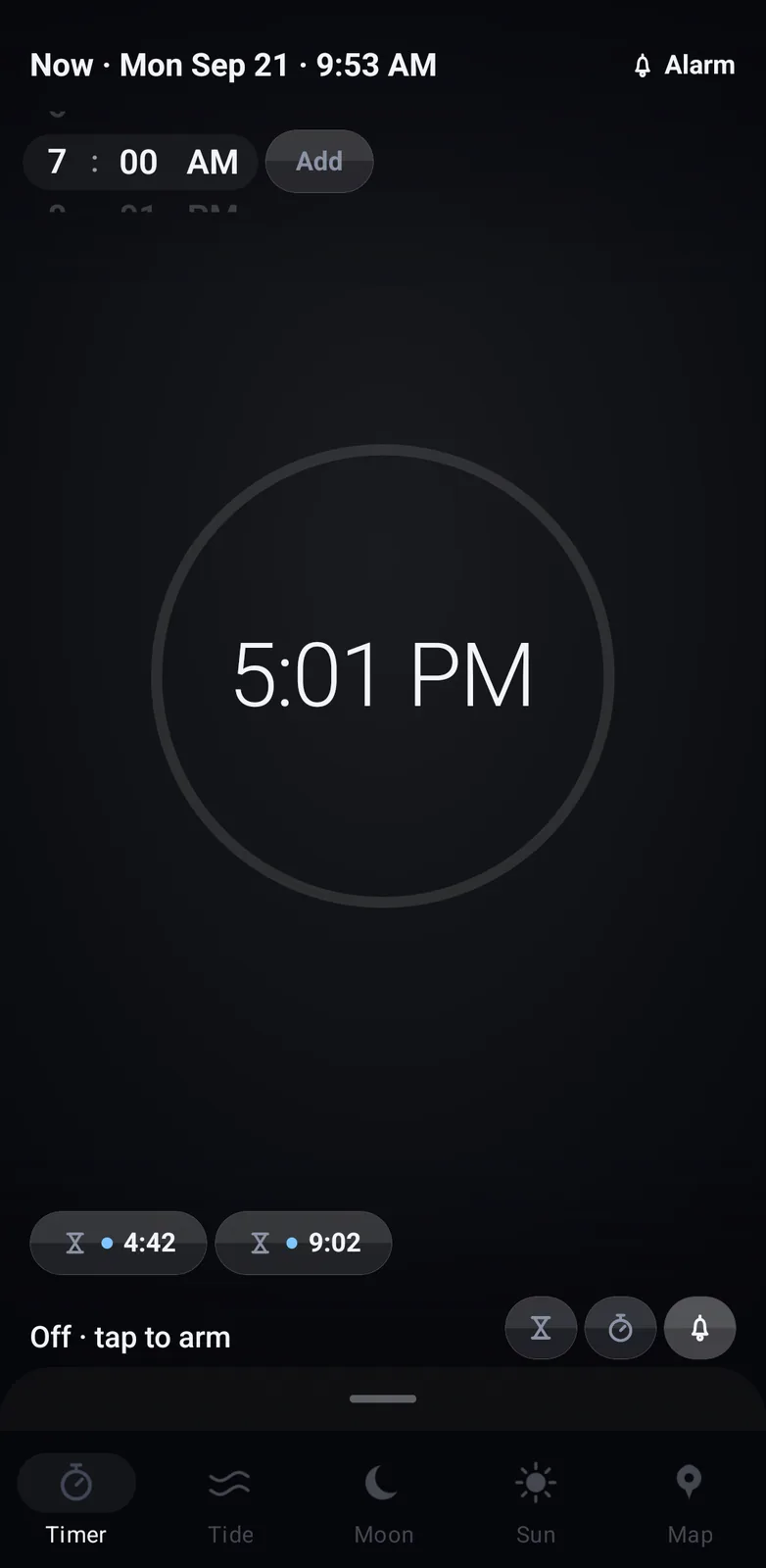 The same screen set to an alarm: a time picker at the head, 5:01 PM in the ring, and the two countdowns still running underneath.