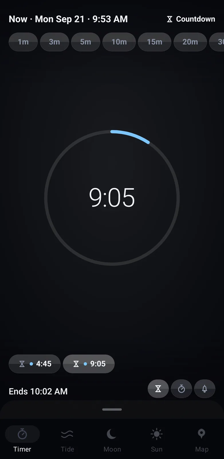 The timer screen running a countdown: a row of preset lengths, 9:05 left on a ring that empties as it runs, two sessions going at once and the end time below.
