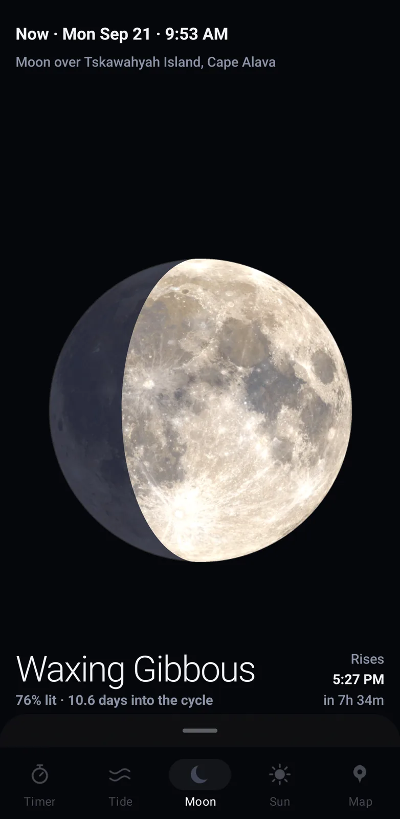 The moon screen: a waxing gibbous moon drawn from NASA imagery at 76 per cent lit, 10.6 days into the cycle, rising at 5:27 PM.