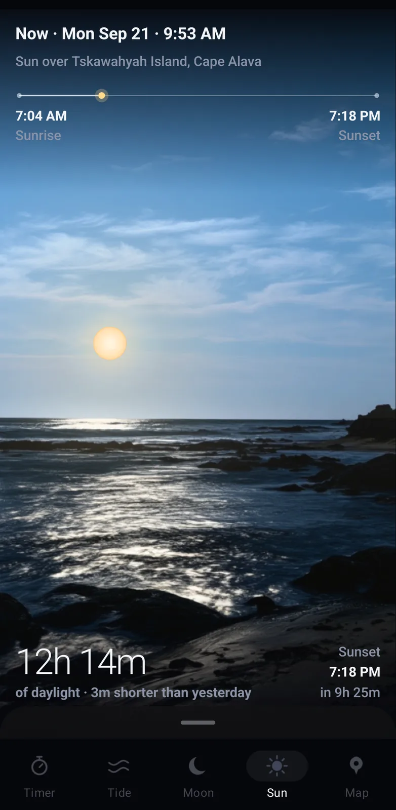 The sun screen: the sun low over the same shoreline on a track from sunrise to sunset, with 12h 14m of daylight, three minutes shorter than yesterday.