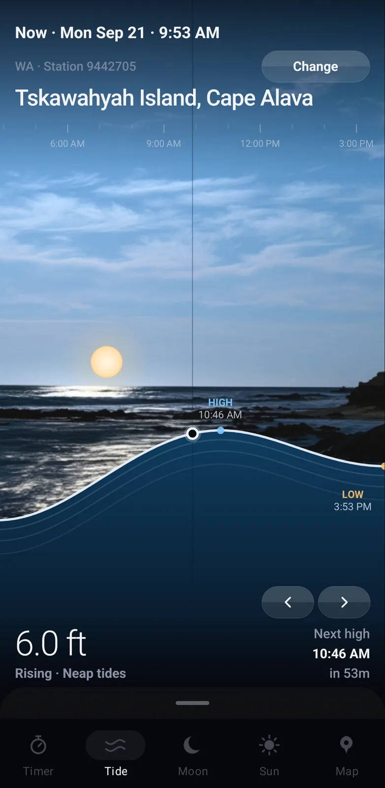 The ManyMoons tide screen: a photographed shoreline under a morning sky, the waterline drawn as the day's tide curve with the high and low marked, and 6.0 ft rising below it.