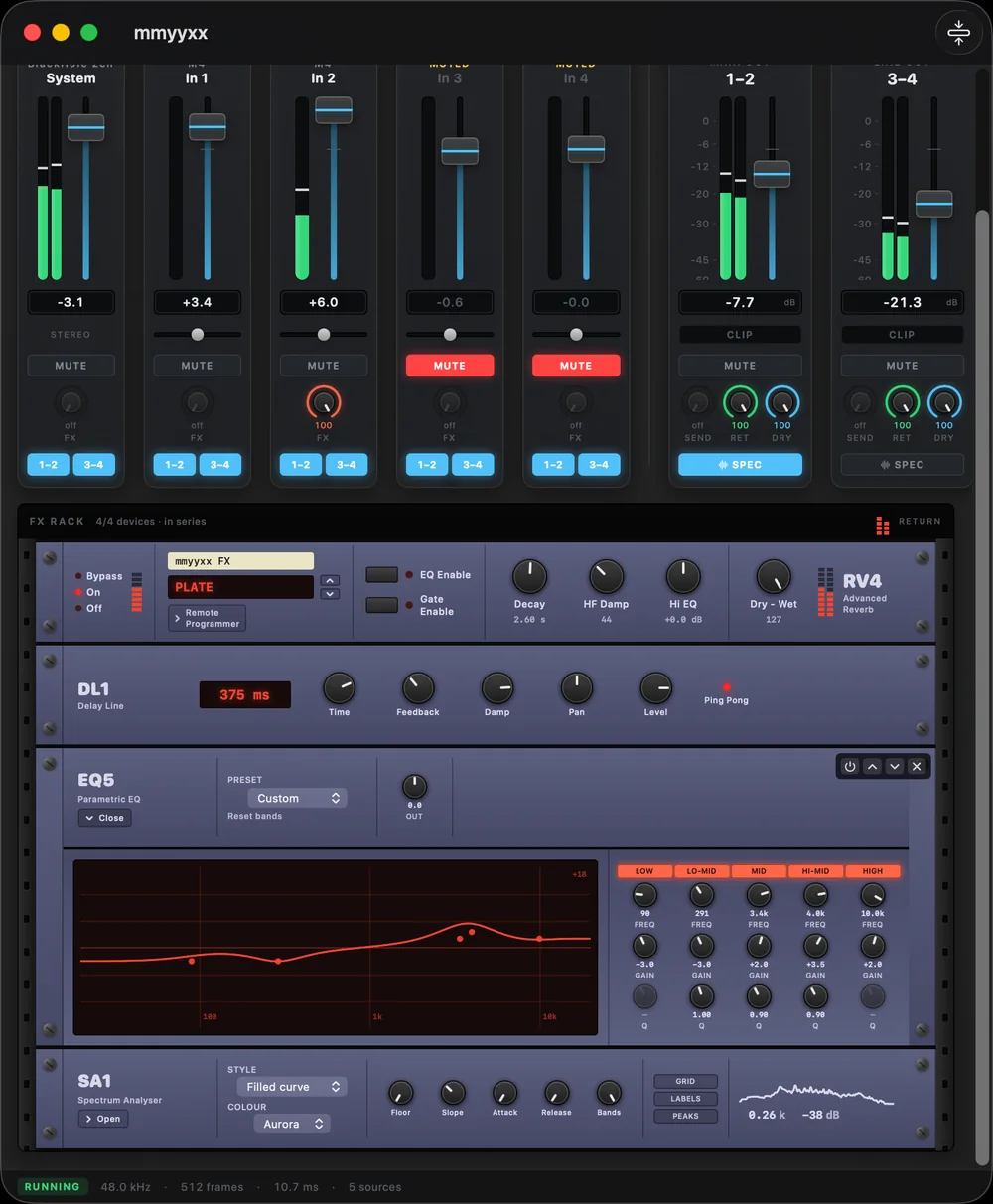 The same window scrolled to the rack: an RV4 reverb, a DL1 delay, an EQ5 parametric EQ and an SA1 spectrum analyser mounted in series.